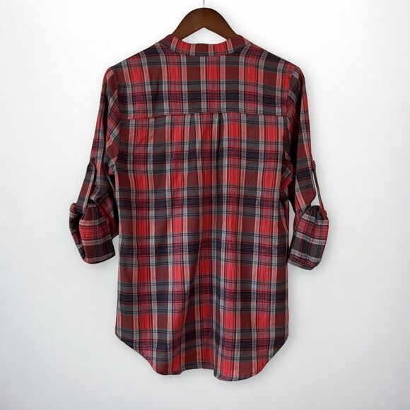 Sundance Red Plaid Flannel Long Sleeve Pull Over Half Button Women's Size Medium - Picture 4 of 10